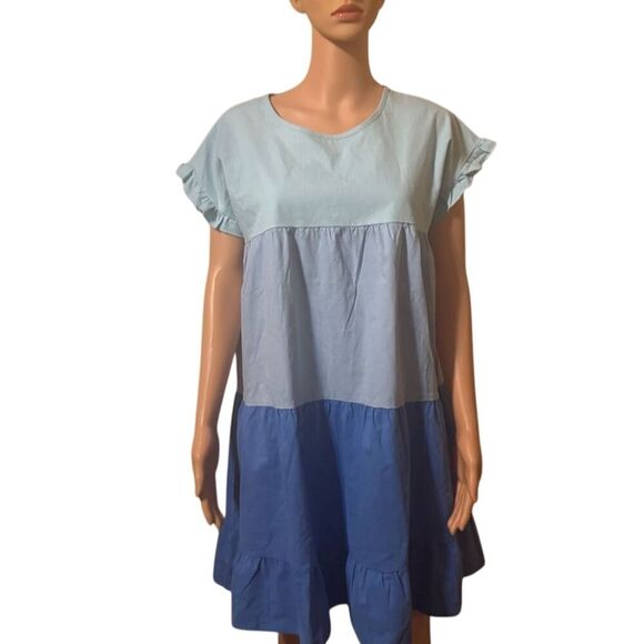Simply Southern Women's Standard L Blue Tiered Color Block Knee Length Dress - Picture 2 of 13